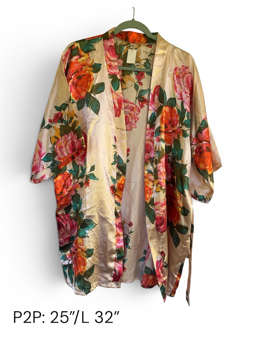 Silk Floral Kimono Jacket in Champagne with Pink & Orange Roses
